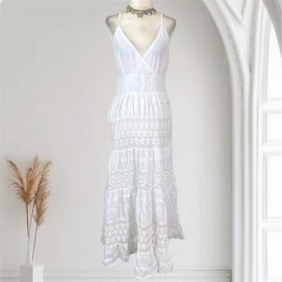 Boho White Lace Layered Tiered Cotton Midi Maxi Dress Magic L - Picture 1 of 8